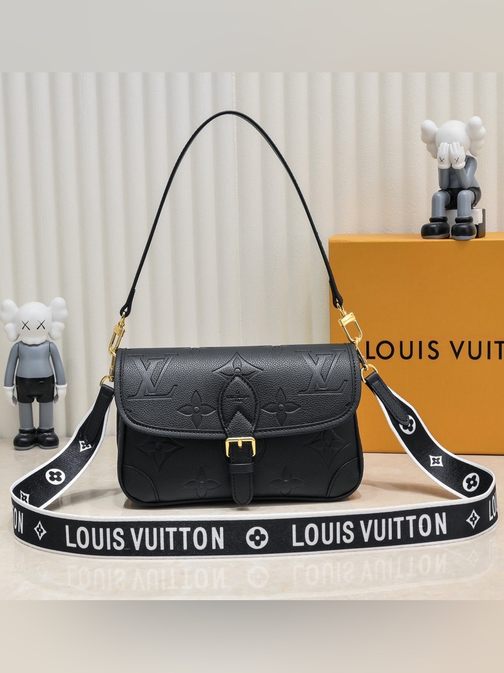 LV Black Embossed Monogram Leather Shoulder Bag with Gold Buckle
